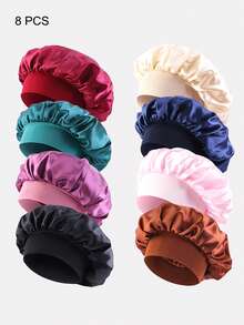 8pcs Women's Multicolor Satin Wide Brim Sleep Cap Hair Bonnet Suitable For Daily Use - Multicolor - View 17
