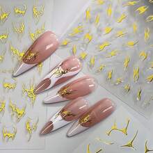 6張金屬金色美甲貼紙，6件3D Y2K火焰星形不對稱旋轉線自黏美甲貼花，3D青銅色抽象曲線條紋美甲貼紙，龐克美甲裝飾配件DIY美甲用品適用於派對日常 - 金色 - 查看 5