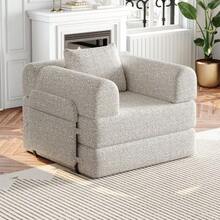 [Patented Design] 2-In-1 Chenille Sofa Bed With Storage Compartment In Armrest, Three Metal Frames And Multiple Configuration Options. - Khaki - View 4
