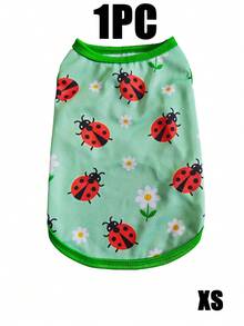 1pc Cute Ladybug Floral Print Pet Tank Top, Breathable Mesh Sleeveless Dog Vest, Soft Lightweight Puppy Summer Clothes, Casual Daily Wear Small Medium Dogs Outfit, Dog Clothes, Green Pet Apparel For Chihuahua Poodle Bichon. - Multicolor - View 9