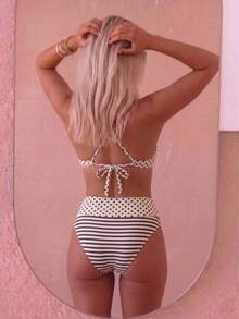 August vacation 夏季優雅女款時尚棕色波點條紋印花繫帶性感比基尼兩件式泳衣度假款 - 米白+深棕 - 查看 2