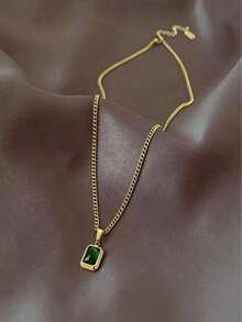 1PC French Vintage Minimalist Emerald Green Alloy Pendant Necklace For Women, Niche Design, High-End Fashion, Versatile Collarbone Chain - Multicolor - View 2