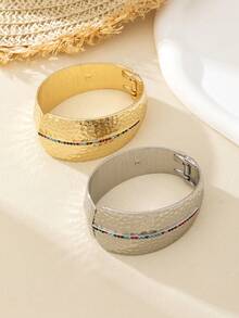 1pc European And American Exquisite Fashion Wide Hammered Texture Bangle With Micro-Inlaid Colorful Glass Gemstones, Spring Bracelet Suitable For Women's Party And Outings - Wide Bracelet - View 6