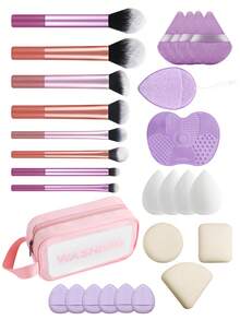ronshadow 28pcs Makeup Tool Set, 8pcs Long Handle Makeup Brushes With Triangle Powder Puff, Makeup Sponge, Silicone Brush Cleaning Pad, Portable Storage Bag, Loose Powder Brush, Angled Blush Brush, Flat Foundation Brush, Eyeshadow Detail Brush, Complete Makeup Tool Kit - Multicolor - View 13