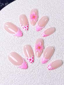 10pcs Summer Handmade Press-On Nails, Almond Shaped Fake Nails, Sweet Pink Girly Style Nail Art, Hand-Painted Nude Pink & Pink French Tips, 3D Pink Flowers, Heart Polka Dots, Zebra Print Design, Transparent Jelly Finish, Sweet Youthful & Versatile, Includes Nail Tools, Quick Application & Removal, Suitable For Summer Dates, Outings, Etc., Exclusive Summer Almond Shaped Nail Stickers For Women And Girls - Baby Pink - View 4