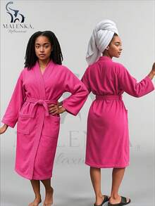 UNISEX WIDE AND LONG BATHROBE EXCELLENT ABSORPTION WITH RIBBON AND POCKETS - Hot Pink - View 4