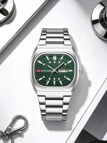 VA VA VOOM 男士原裝腕錶 40mm 方形錶殼 雙日曆錶盤 雙色不鏽鋼錶帶 螢光刻度 奢華商務風 3Bar 防水 適合男士節日禮物、日常通勤裝飾、正式場合穿搭、戶外運動 - 綠色 - 查看 9