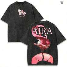 Vintage WashedAira X Dandadan – Oversized 260GSM Washed Anime T-Shirt With Heart Pose Print, Telekinetic Vibes, Otaku Edgy Aesthetic Men's Fashion Tee - 黑色 - 查看 1