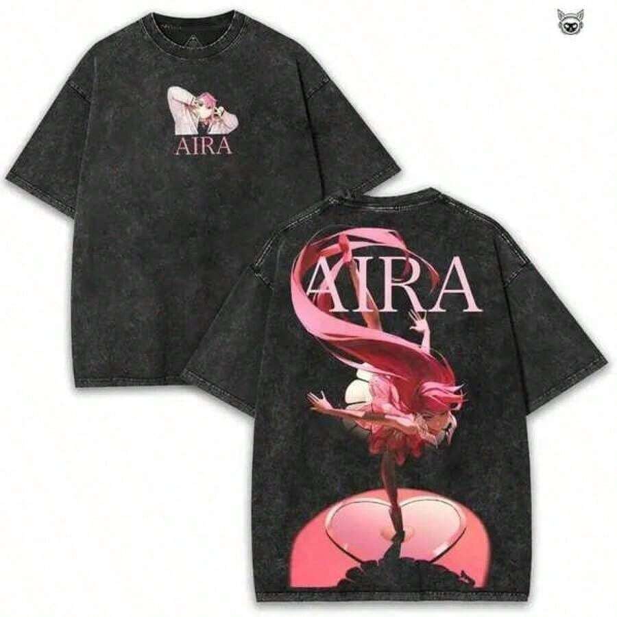 Vintage WashedAira X Dandadan – Oversized 260GSM Washed Anime T-Shirt With Heart Pose Print, Telekinetic Vibes, Otaku Edgy Aesthetic Men's Fashion Tee - 黑色 - 查看 1
