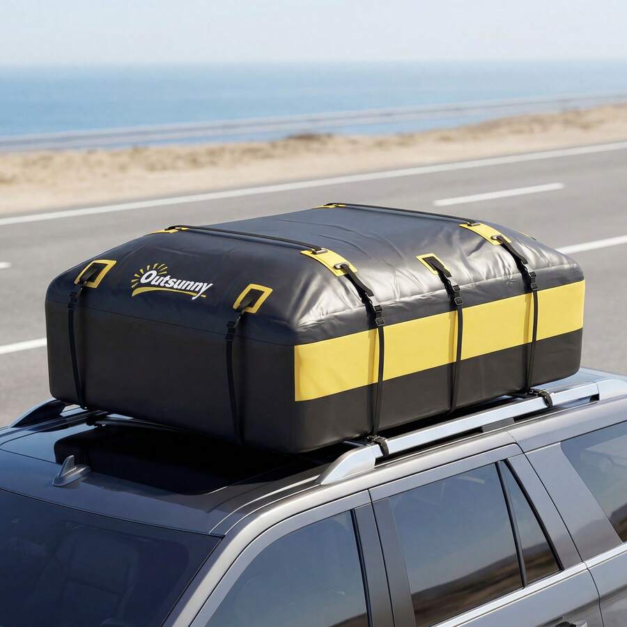 Outsunny Bolsa de Techo para Coche 594L, Impermeable, Cofre de Techo para Coche con 6 Correas Ajustables, Alfombrilla Antideslizante, Ganchos, Adecuada para Todos Los Vehículos con/sin Portaequipajes - Amarillo - Ver 1
