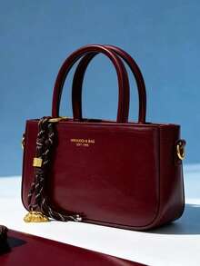 Women's Solid Color Square Handbag With Detachable Shoulder Strap, Metal Dog Charm, Letter Print Pattern, Burgundy Elegant Crossbody Bag, Zipper Closure, Polyester Lining, Vintage Style, Suitable For Shopping And Dating Occasions, Red Bag - Burgundy - View 10