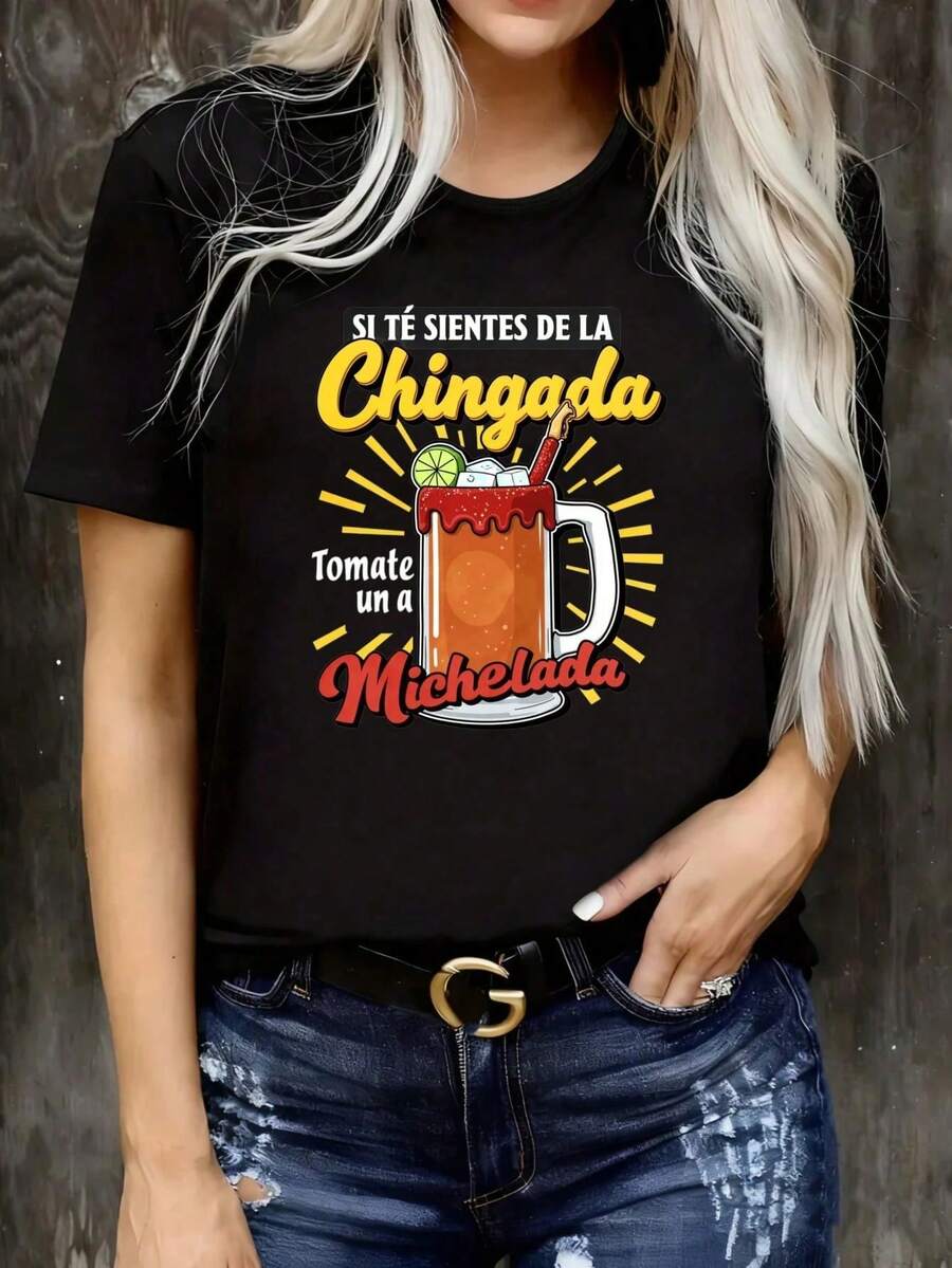 2026 New Popular Casual T-Shirt For Women "If You Feel La Ching Take A Michel" Women's T-Shirt Drtidara Drink Graphic Casual Short Sleeve Round Neck T-Shirt Suitable For - 黑色 - 查看 1