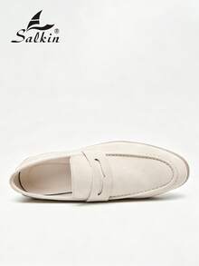 Salkin 奢華男士便士樂福鞋，純色仿麂皮休閒皮鞋，經典設計師平價奢華適合現代生活，柔軟舒適時尚優雅紳士社交鞋，百搭西裝、學生、畢業典禮、學院風、商務正式、辦公室、派對、宴會、婚禮、新郎鞋，春夏秋季，請選擇大一號 - 米色 - 查看 6