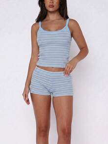 2pcs/Set Striped Dopamine Print Vacation Outfit, Camisole And Shorts, New Spring/Summer - Blue - View 5