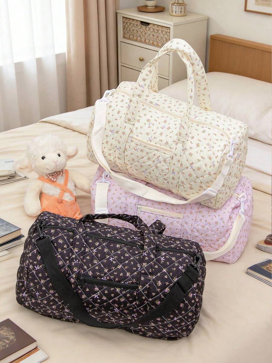 Bolsa de Viagem Acolchoada com Estampa Floral, Grande Capacidade, Bolsa de Mão, Bolsa de Mãe, Alça de Ombro Destacável, Bolsa de Bagagem Lavável, Suprimentos para Quarto e Dormitório - Multicolorido - Visão 1
