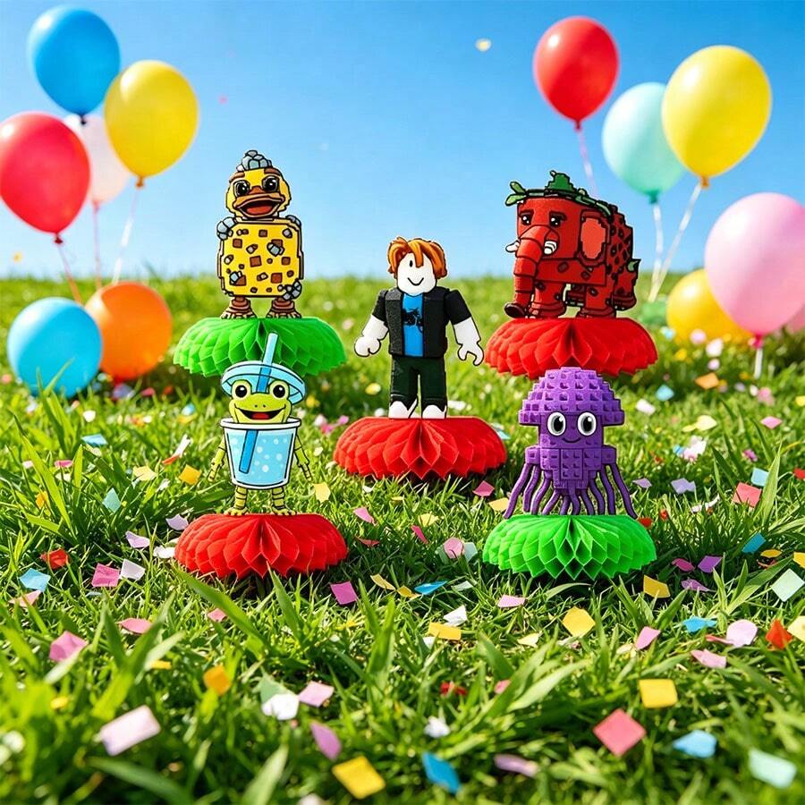 5pcs ROBLOX Paper Game Theme Honeycomb Decorations, Theme Decor Supplies Game Birthday Room Decor Table Decor Room Decor Tabletop Centerpiece - Steal a Brainrot Honeycomb - View 1