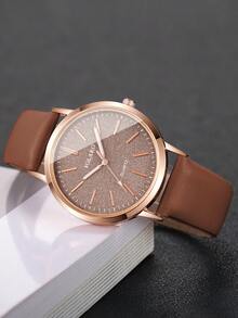 Women's Leather Strap Fashion Minimalist Dial Classic Elegant Quartz Watch + Heart Bracelet (2pcs/Set) Watch Box Not Included - Brown - View 7