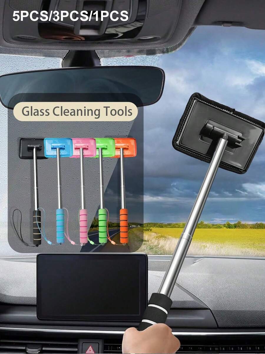 Detachable Handle Windshield Cleaning Tool (1 Cloth/3 Cloths/5 Cloths) - Microfiber Cloth Car Window Cleaning Brush, Car Glass Scraper, Car Window Cleaner, Windshield Cleaner, Car Cleaning Kit, Car Window Cleaner