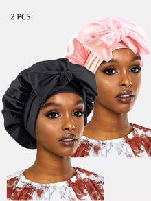 2 buah Topi Tidur Wanita Bertepi Lebar dengan Pita Satin Sutra Imitasi, Topi Perawatan Rambut Bulat, Serat Poliester, Diameter 30cm, Cocok untuk Penggunaan Sehari-hari - Hitam/Bloodfang - View 23