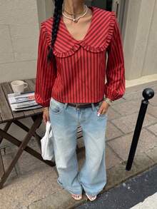 Women's Autumn New Vintage Red Striped Shirt, Puff Sleeve Long Sleeve, Ruffle Peter Pan Collar, Suitable For Daily Wear, Shopping, Dating, Gathering, Travel, Street Style - Red - View 2