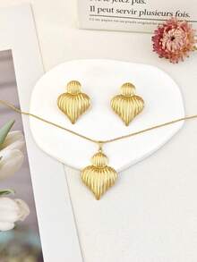 Luxury Daily Wear Gold-Tone Stainless Steel Earring & Necklace Set, Shell & Heart Multi- Hypoallergenic Jewelry, Ideal Holiday Gift For Women - Multicolor - View 3