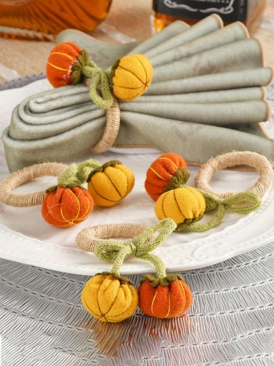 4pcs Artifical Pumpkin Napkin Rings,Handmade Fall Autumn Napkin Buckles,Suitable For Thanksgiving Halloween Harvest Dinner Party Decor,For Wedding Birthday Theme Party Dinner Table Decorations - Multicolor - View 1