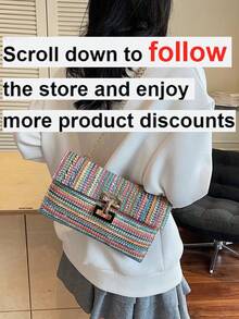 1 pieza Bolso de mano con correa de cadena tejida de paja con forma cuadrada y colores arcoíris, accesorio de moda versátil para mujeres - Multicolor - Ver 2