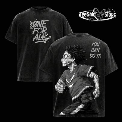 T-Shirt – Deku One For All, Vintage Washed Style, Oversized, Thick Cotton, Unisex Streetwear, "You Can Do It" Graphic For MHA Fans.