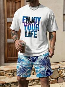 Conjunto de pantalón corto y camisa de manga corta con estampado, estilo de vacaciones para hombres - Multicolor - Ver 3