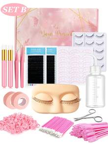 Professional Eyelash Extension Training Tool Set, Mannequin Head/Eyelash Mannequin Head, 0.07D Curl Mixed Eyelash Strips, Practice Tweezers, Beginner Eyelash Training Set (Pink) - Baby Pink - View 1