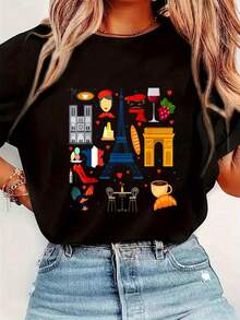 Camiseta gráfica con iconos de París Francia como recuerdo de vacaciones, camiseta básica de manga corta casual para mujer parrimavera y verano - Negro - Ver 2