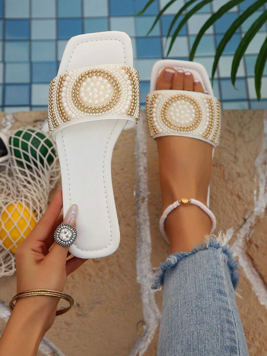Sandalias planas de lujo para mujer Primavera/Otoño 2024, tacón bajo antideslizante, talla grande, con strass, chanclas versátiles - Blanco - Ver 1