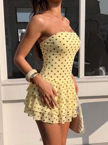 Dila Polly Women's Summer Polka Dot Print Ruffle Hem Mini Dress, Polka Dot Print Double Layer Mesh Tube Top Mini Dress, Suitable For Vacation, Weekend Outings, Casual Parties, Afternoon Tea And Other Occasions - Yellow - View 7