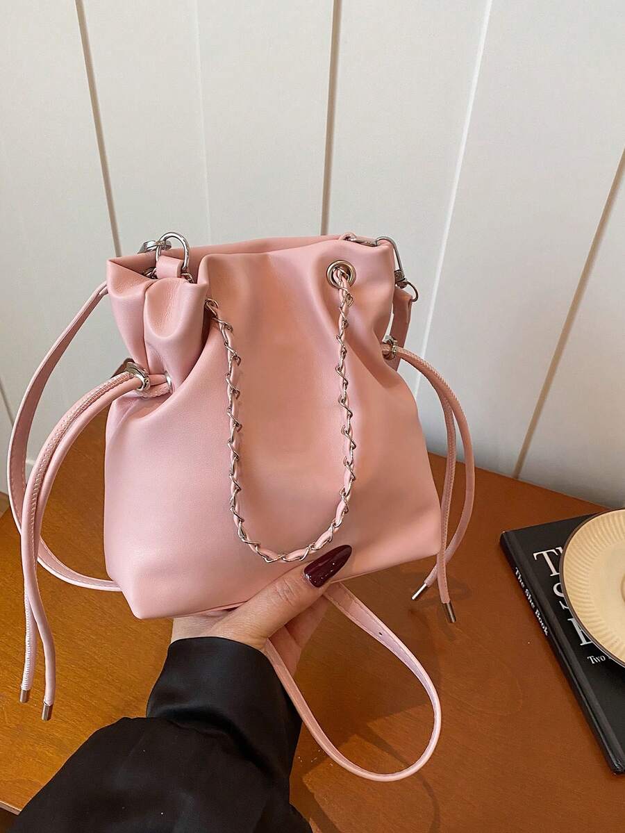 Women's Vintage Autumn PU Chain Drawstring Magnetic Buckle Bucket Bag 2026 New Niche Design Shoulder Crossbody Bag - Pink - View 1