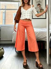 Fold Over Wide Leg Capri Pants For Women Low Rise Lounge Yoga Flare Culottes Y2k Flowy Crop Palazzo Pants - 橘色 - 查看 6