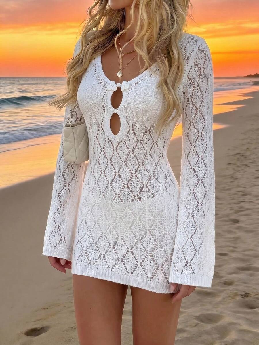 Women's White Crochet Knit V-Neck Hollow Keyhole Design Long Flare Sleeve Fitted Mini Dress Sheer Beach Cover-Up Vacation - White - View 1