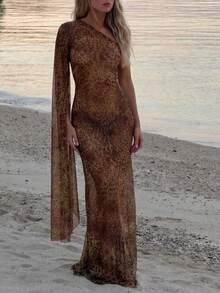 Women's Fashion Sexy Mesh Sheer Summer Vacation Beach Dress, Leopard Print! One Shoulder Long Sleeve! Beach Cover-Up Dress~ Summer Sheer Elegant - Rust Brown - View 5