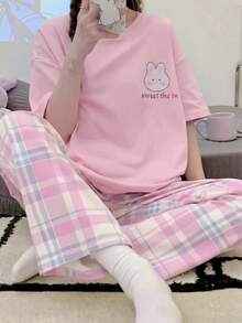 Conjunto de camiseta de manga corta y pantalones largos de verano para adolescentes, cuello redondo, estampado de conejo de dibujos animados - Rosa - Ver 3