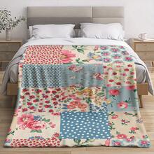 1pc Vintage Patchwork Floral Polka Dot Single-Sided Printed Flannel Blanket, Soft & Lightweight Sofa Bed Cover, Bohemian Home Decor, Suitable For All Seasons, Perfect For Bedroom, Outdoor Camping And Daily Relaxation Gift - Multicolor - View 7
