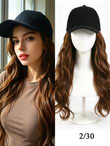 Gorra de béisbol con peluca sintética larga y recta/rizada - Gorra de peluca integrada de 26 pulgadas, protección solar 2 en 1, adecuada para mujeres, fiesta de Navidad y uso diario - Multicolor - Ver 17