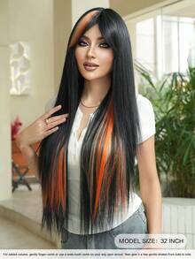 7JHH WIGS 橘色與黑色挑染足球假髮 女款 32 英吋超長直髮合成假髮 附簾幕瀏海 耐熱纖維 Cosplay 造型假髮 適用音樂節派對與萬聖節 - 彩色 - 查看 4