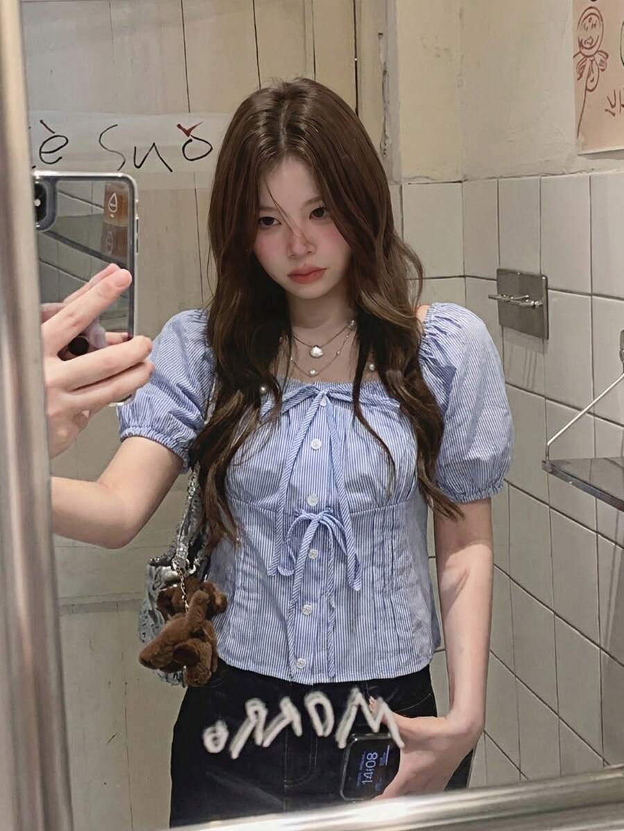 Women's Striped Short Sleeve Bow Square Neck Blouse Summer - Blue - View 1
