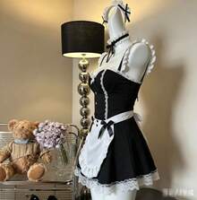 Lace Passion Maid Role Play Uniform Temptation Lace-Up Strap Maid Nightdress Set Sexy Lingerie - bộ đồ + tất đen - Xem 5