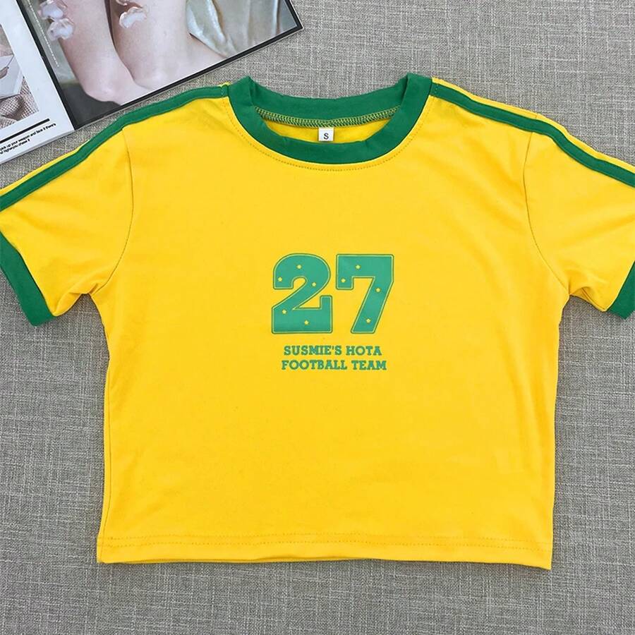 Retro Street Style Baby T-Shirt, Brazil Green Letter Print Crop Tops For Women, Slim-Fit Short Sleeve Casual Wear Y2k 2024 - nz1015--- - 查看 1