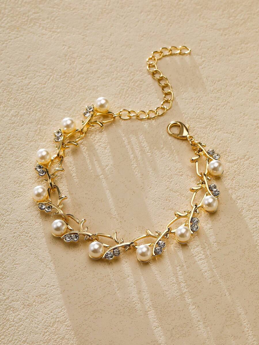 Nocturel 1pc Mewah Paduan Seng Mutiara Imitasi & Dekorasi Berlian Imitasi Detil Daun Gelang Rantai Untuk Wanita Untuk Kehidupan Sehari-hari - Yellow Gold - View 1