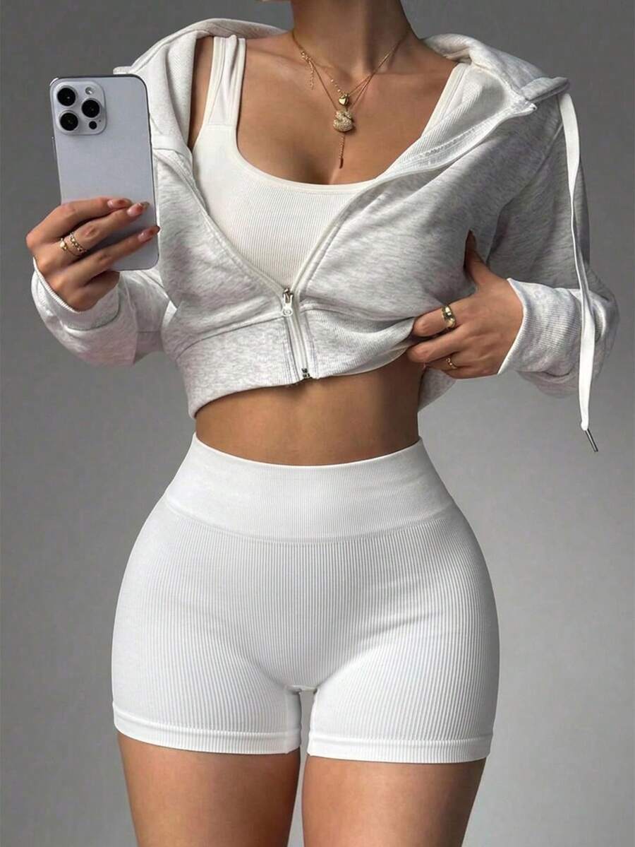 女款素色無縫高腰提臀彈性運動短褲,四向彈力吸濕排汗透氣,適合夏季運動瑜伽 - 白色 - 查看 1