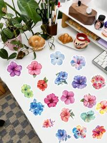 50Pcs Summer Watercolor Hibiscus Flower Stickers For Kids, Tropical Multicolor Floral Decals, Waterproof Vinyl Stickers For Water Bottles, Laptops, Journals & DIY Decor - Multicolor - View 4
