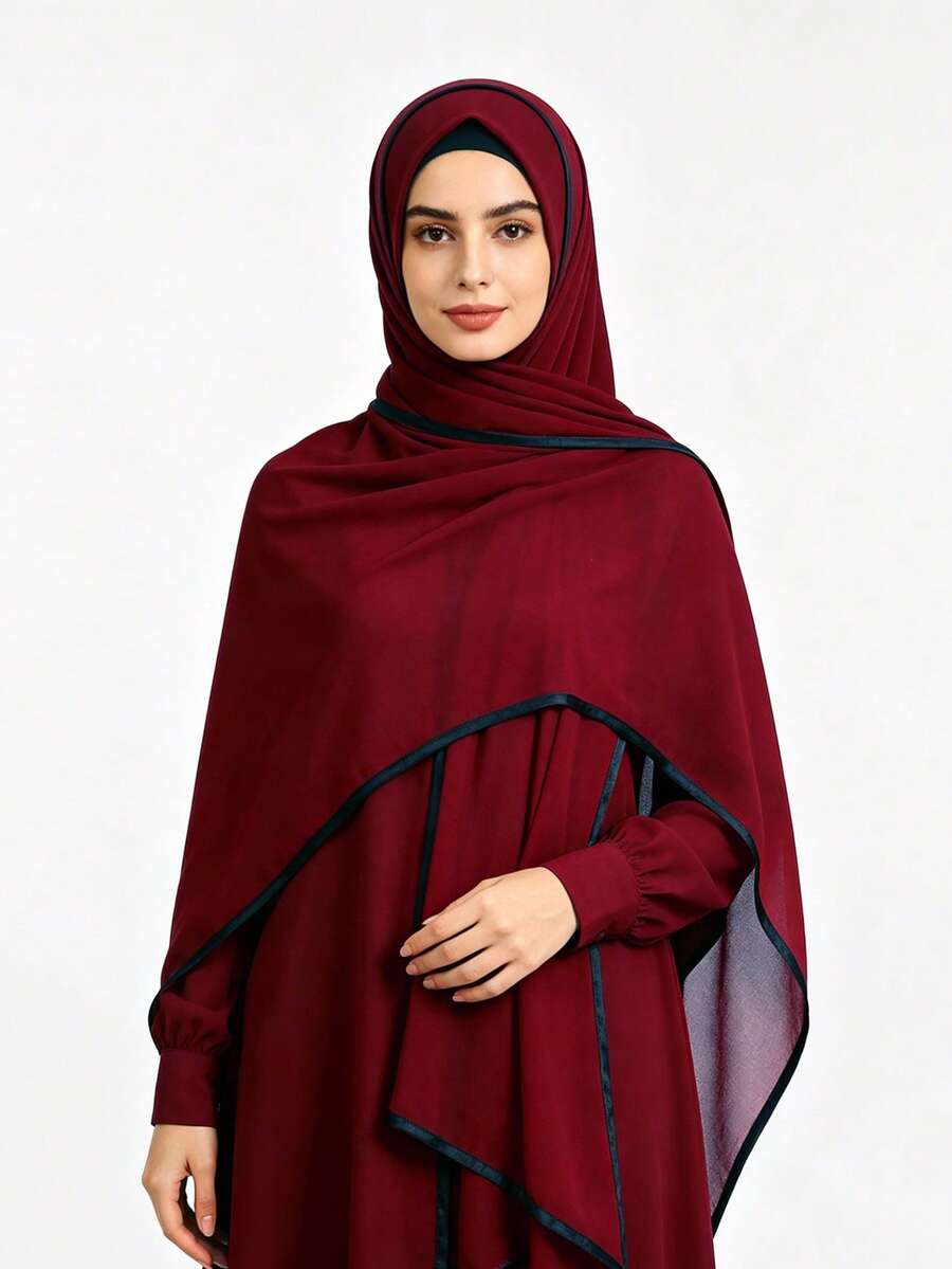 1pc Spring/Summer Casual Versatile Modest Minimalist Solid Color Soft Breathable Chiffon Hijab Scarf - Wine Red With Black Trim - View 1