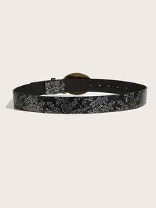 1pc Women's Vintage Round Buckle Black & Grey Belt Suitable For Daily Use - Multicolor - View 3