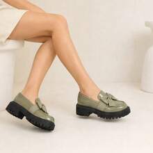Ladies' Black Patent Leather Thick Sole 4.5cm Round Bow Thick Sole Casual Loafers Casual Fashion Retro Shoes Back To School Season - 綠色 - 查看 4